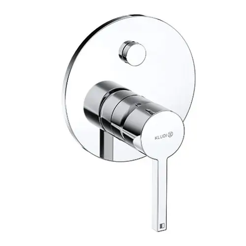 Chromfarbener Wasserhahn mit zentralem Bedienhebel und runder Montageplatte, designed von Kludi für moderne Badinstallationen.